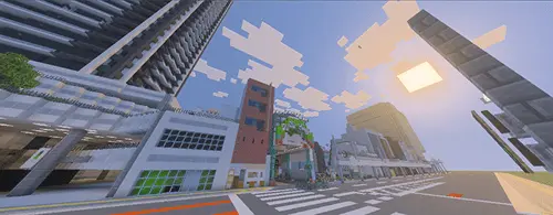 マインクラフトで生徒たちが建築した町並みの風景